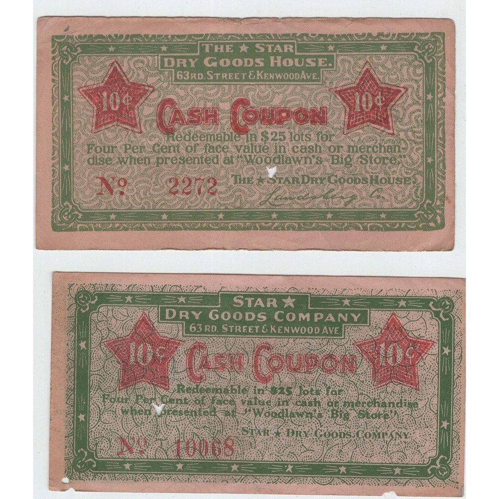Vintage Star Dry Goods House 10 Cent Cash Coupons Woodlawn Chicago Set of 2 - Picture 1 of 2
